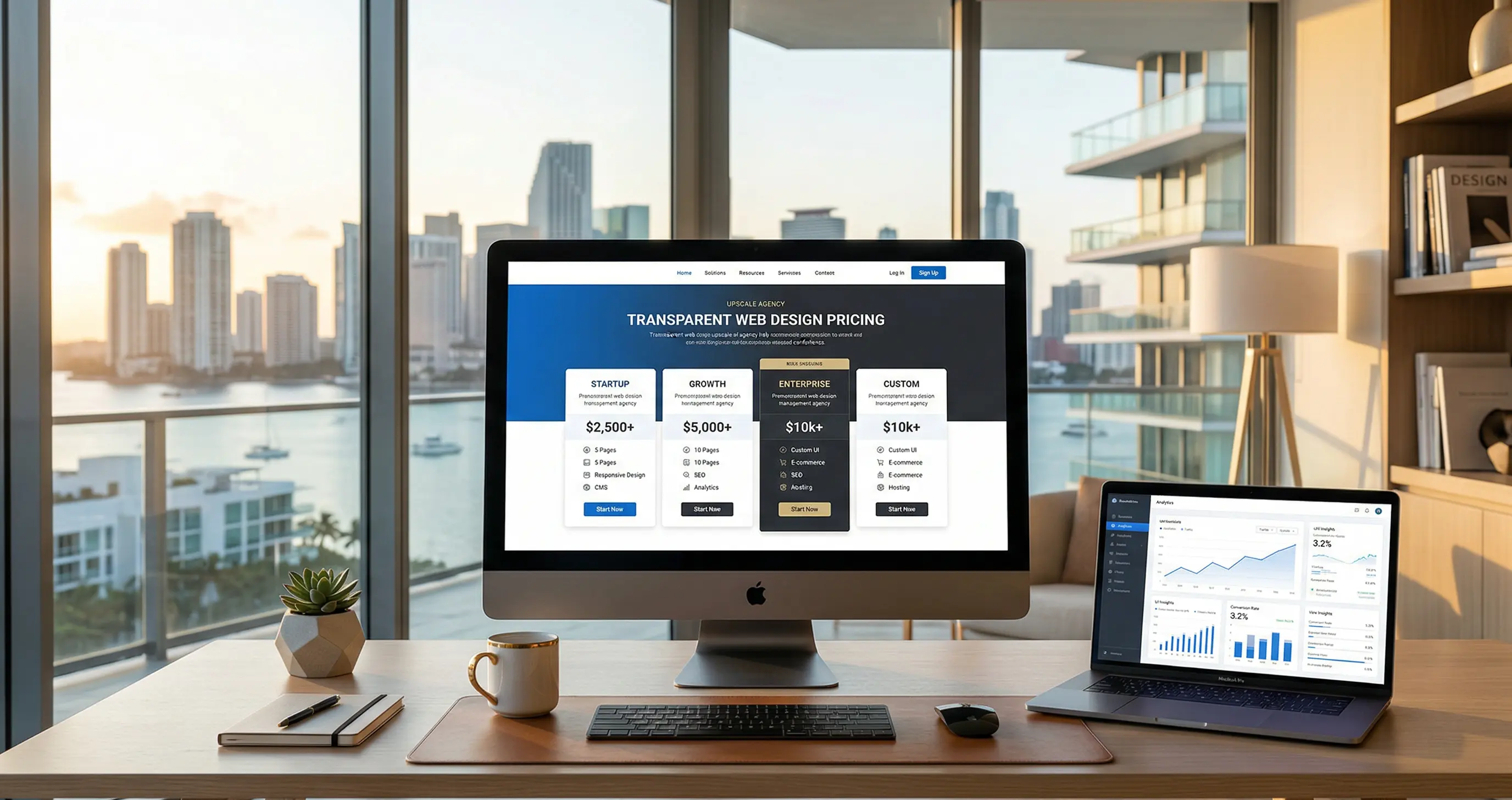 Modern custom website design workspace with pricing and analytics elements in a Miami-inspired business environment