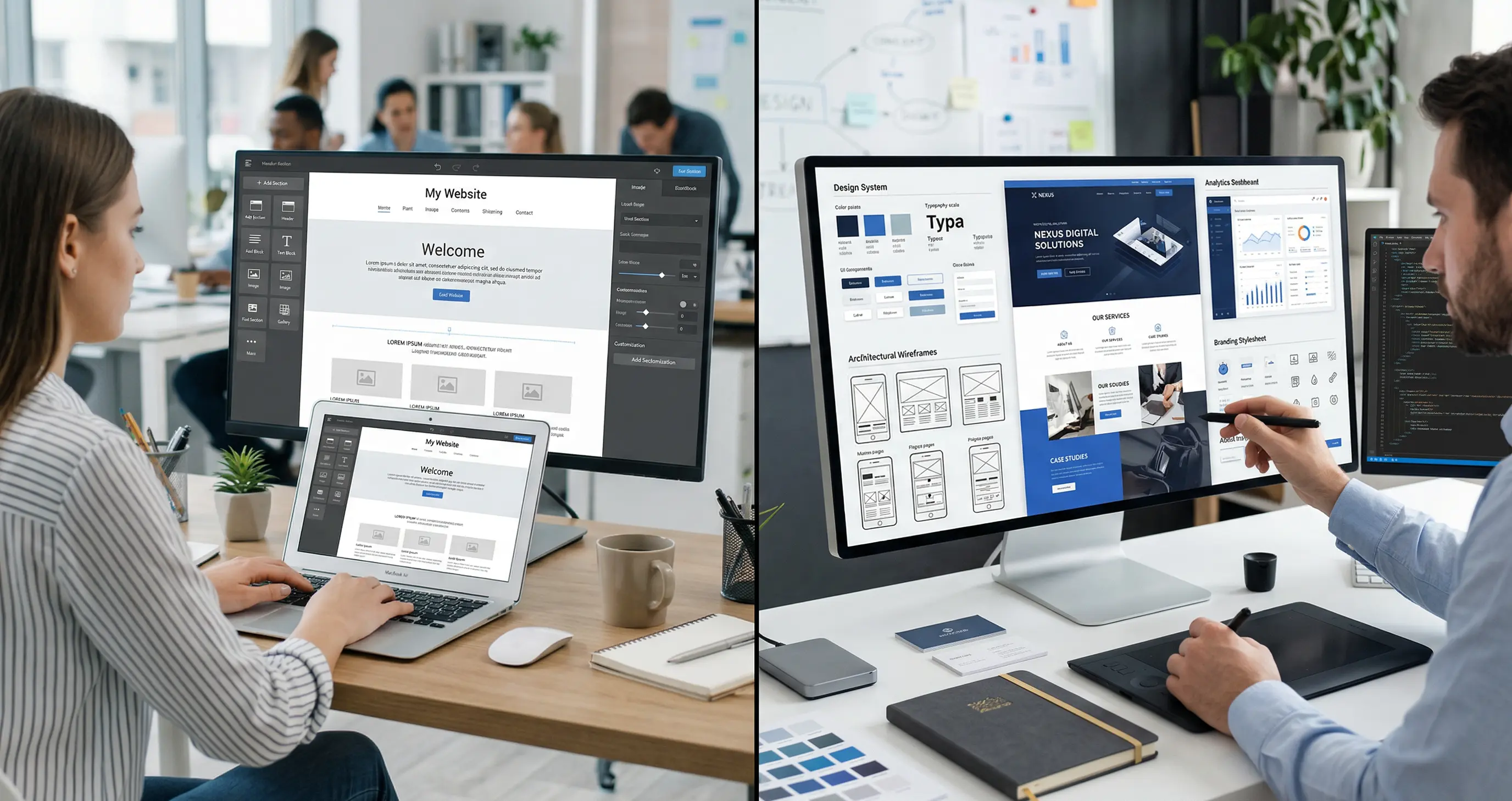 Side-by-side comparison of template websites and custom web design in a modern business setting