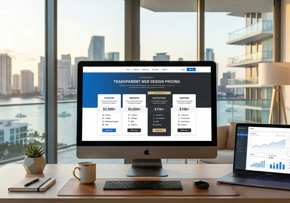 Custom website cost guide for Miami businesses with web design and pricing visuals